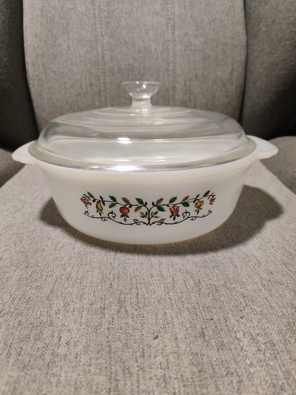 Vintage FireKing Casserole Dish Fruit Tree Milk Glass 1.5 QT 8" With Lid